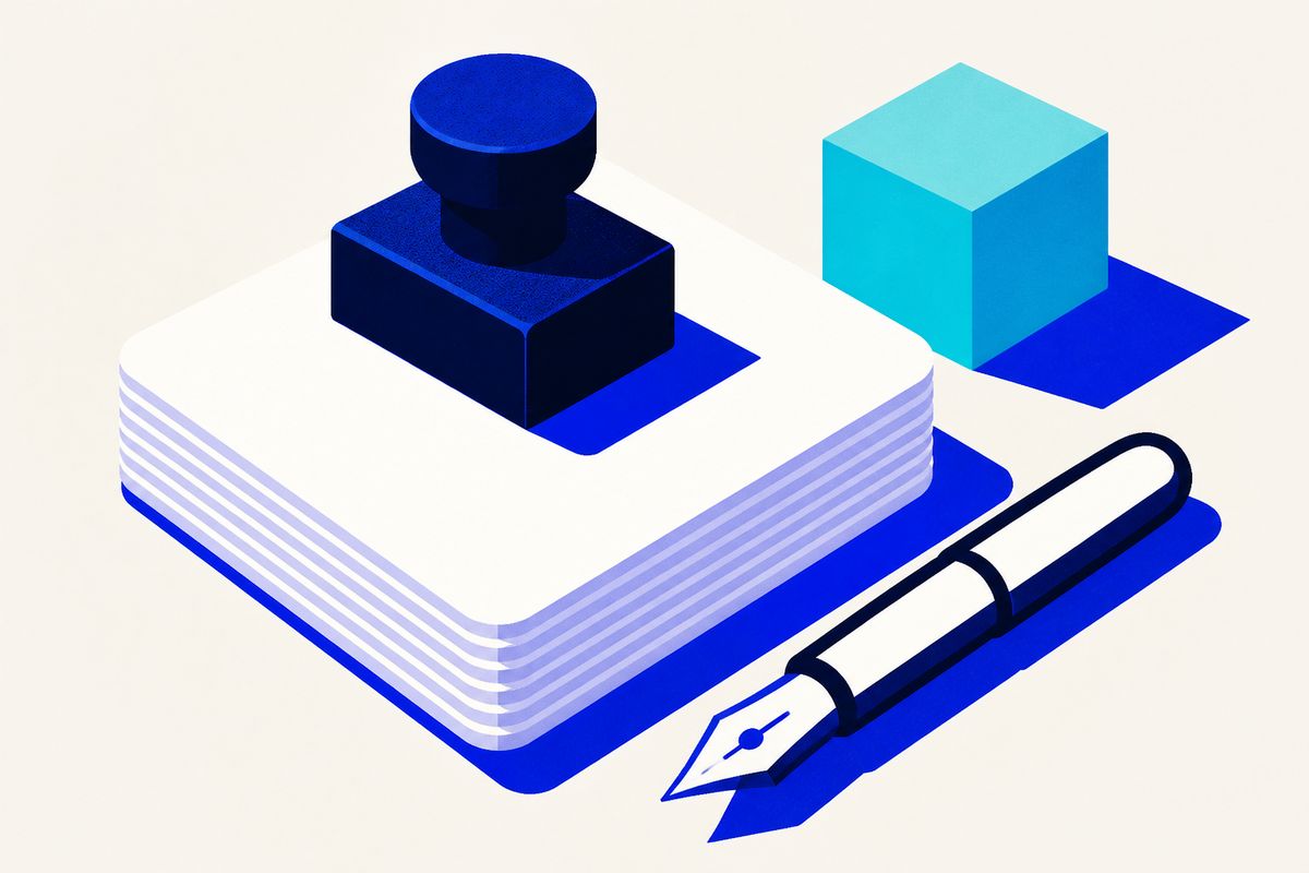 Papeles, sello y un cubo ilustrados como mesa de edición
