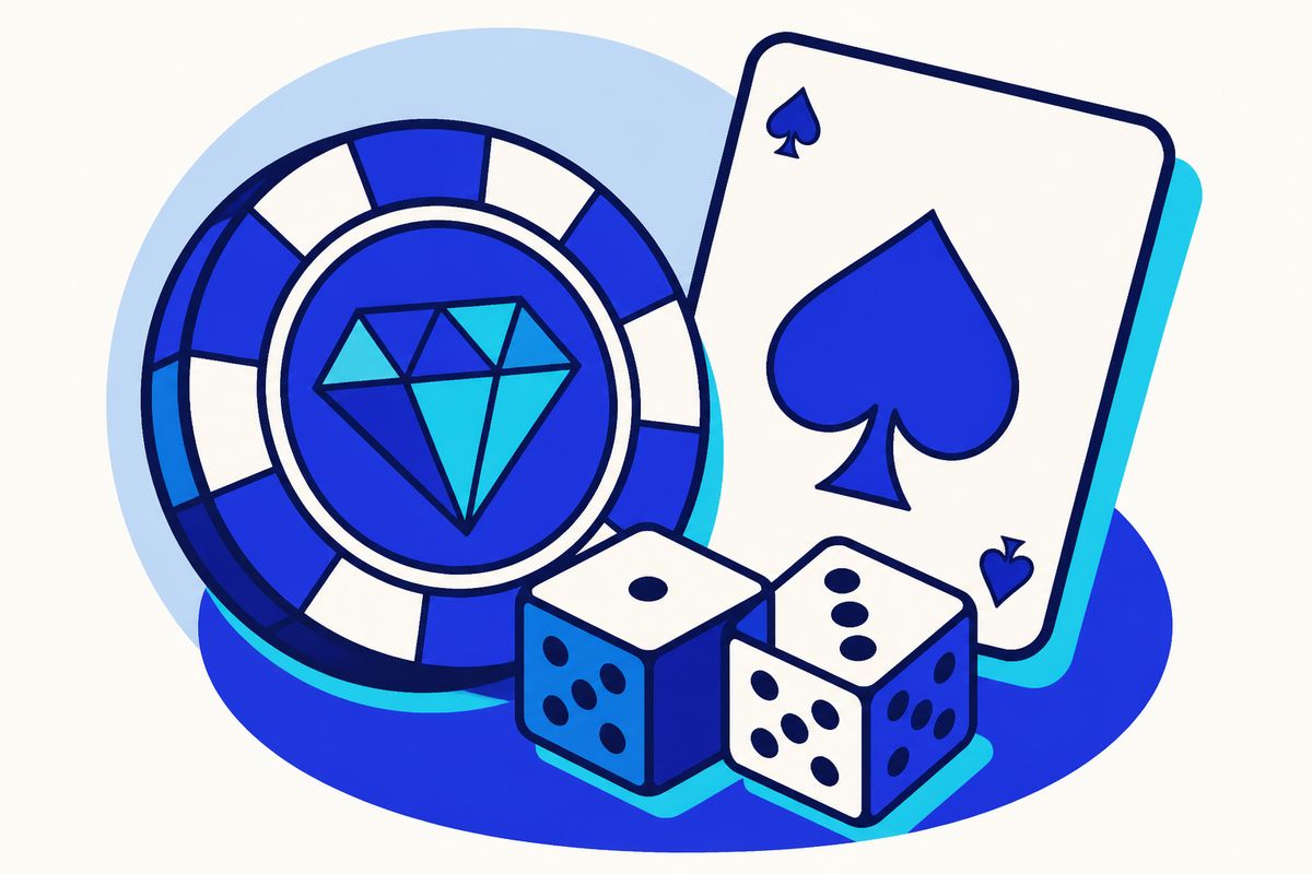 Ficha, dados y un naipe ilustrados en estilo gráfico
