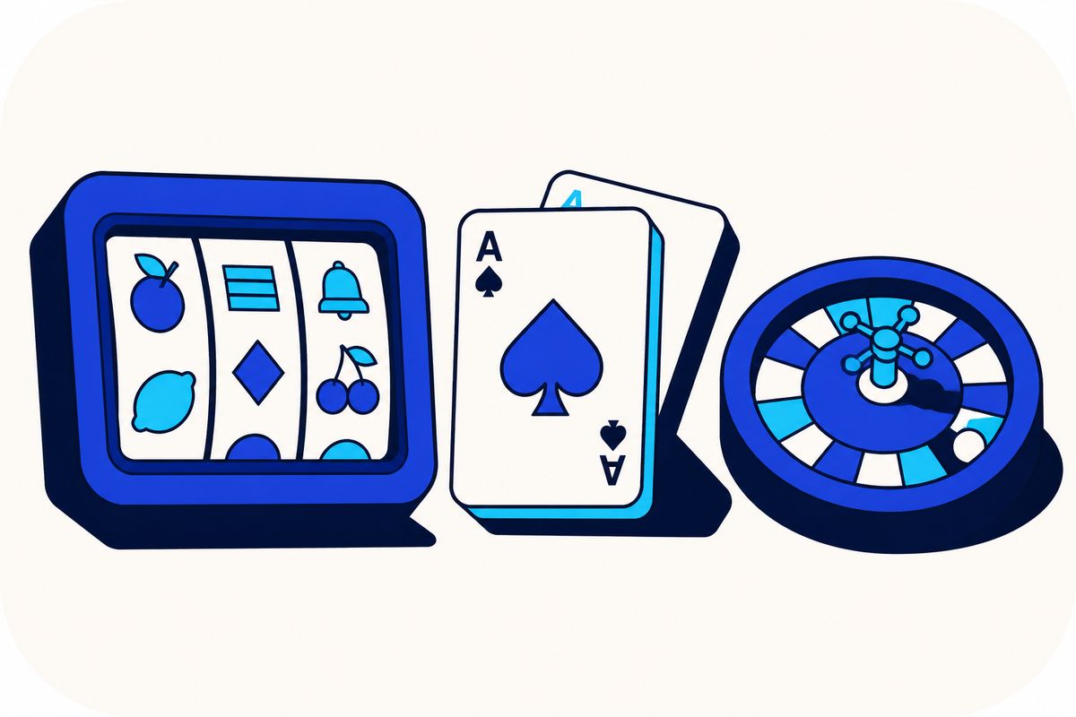 Composición gráfica de tragamonedas, naipes y una rueda de ruleta